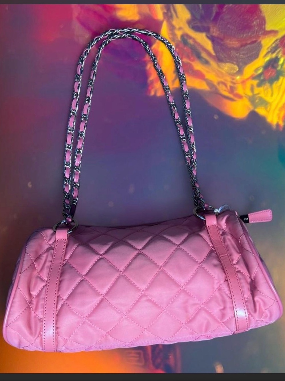 Cylindrical Pink Nylon Quilted Shoulder Bag with Chain Straps SMALL